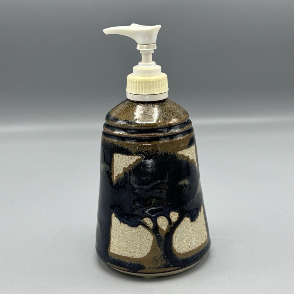 Vintage Signed Pottery Soap Dispenser Tree Accent 7" Tall Stoneware